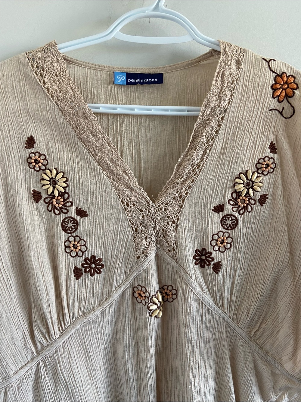 Penningtons Beige Embroidered V-Neck Tunic with Brown Floral Accents